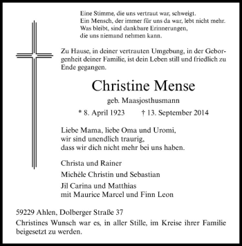 Todesanzeige von Christine Mense von Westfälische Nachrichten