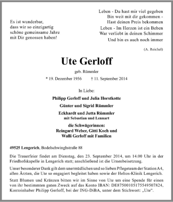 Todesanzeige von Ute Gerloff von Westfälische Nachrichten
