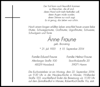 Todesanzeige von Änne Fraune von Westfälische Nachrichten