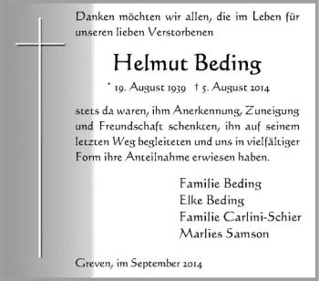 Todesanzeige von Helmut Beding von Westfälische Nachrichten