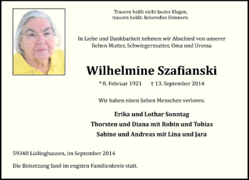 Todesanzeige von Wilhelmine Szafianski von Westfälische Nachrichten