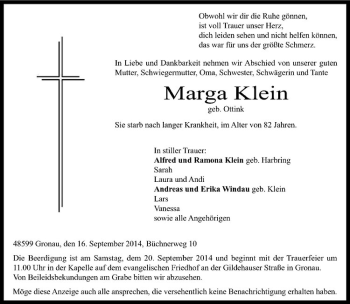 Todesanzeige von Marga Klein von Westfälische Nachrichten