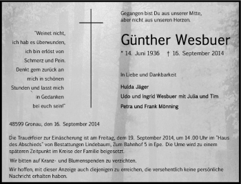 Todesanzeige von Günther Wesbuer von Westfälische Nachrichten