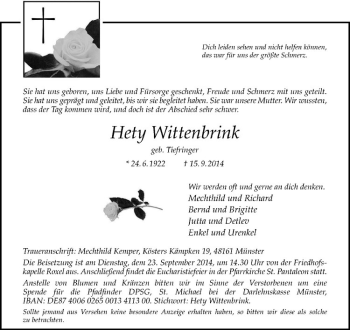 Todesanzeige von Hety Wittenbrink von Westfälische Nachrichten