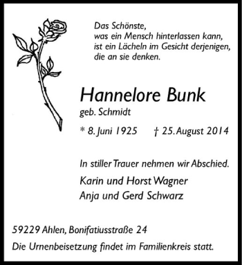 Todesanzeige von Hannelore Bunk von Westfälische Nachrichten