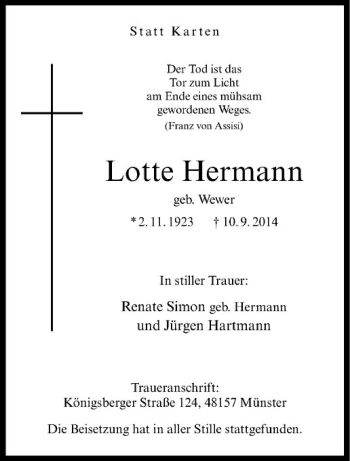 Todesanzeige von Lotte Hermann von Westfälische Nachrichten