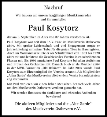 Todesanzeige von Paul Kosytorz von Westfälische Nachrichten