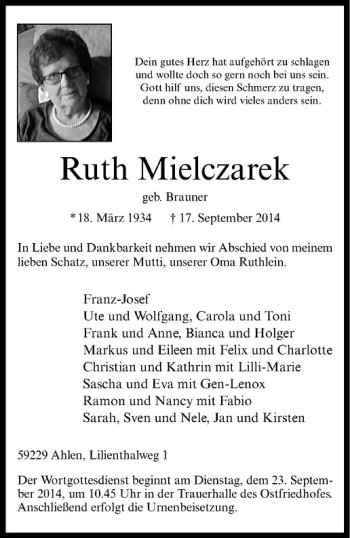 Todesanzeige von Ruth Mielczarek von Westfälische Nachrichten