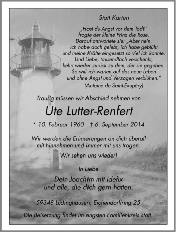 Todesanzeige von Ute Lutter-Renfert von Westfälische Nachrichten