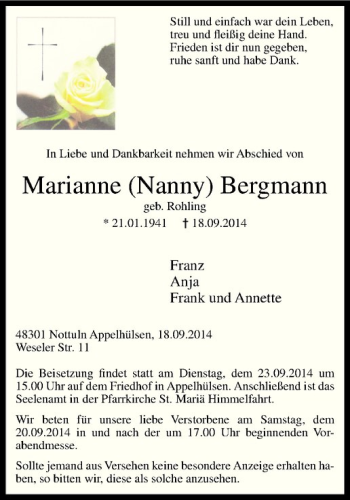 Todesanzeige von Marianne Bergmann von Westfälische Nachrichten