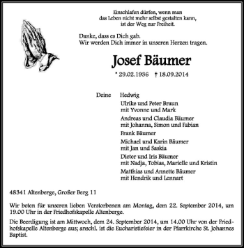 Todesanzeige von Josef Bäumer von Westfälische Nachrichten