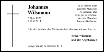 Todesanzeige von Johannes Wilsmann von Westfälische Nachrichten