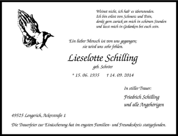 Todesanzeige von Lieselotte Schilling von Westfälische Nachrichten