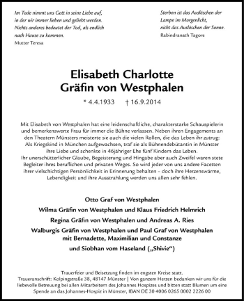 Todesanzeige von Elisabeth Charlotte Gräfin von Westphalen von Westfälische Nachrichten