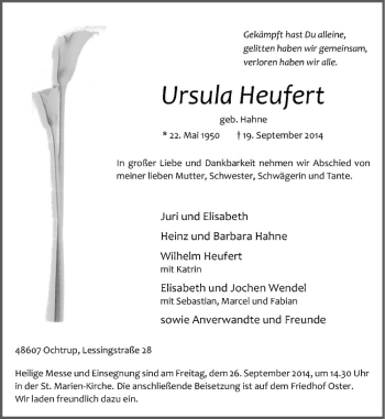 Todesanzeige von Ursula Heufert von Westfälische Nachrichten