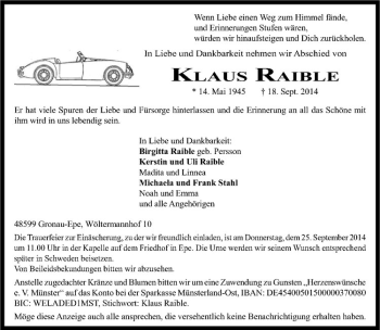 Todesanzeige von Klaus Raible von Westfälische Nachrichten