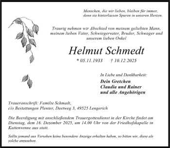 Todesanzeige von Helmut Schmedt 