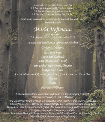 Todesanzeige von Maria Heßmann 