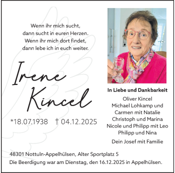 Todesanzeige von Irene Kincel 