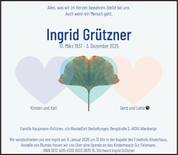 Todesanzeige von Ingrid Grützner 