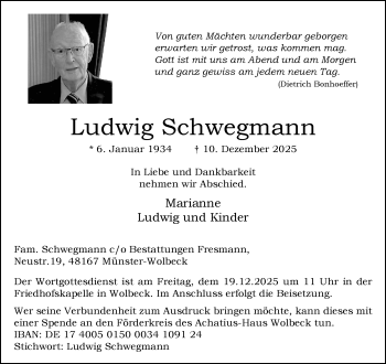 Todesanzeige von Ludwig Schwegmann 