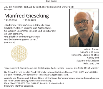 Todesanzeige von Manfred Gieseking 