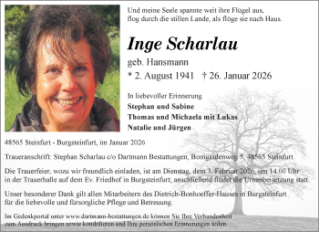 Todesanzeige von Inge Scharlau 