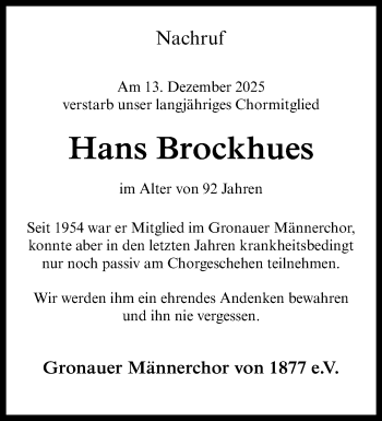 Todesanzeige von Hans Brockhues 