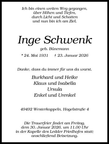Todesanzeige von Inge Schwenk 