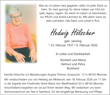 Todesanzeige von Hedwig Hölscher 