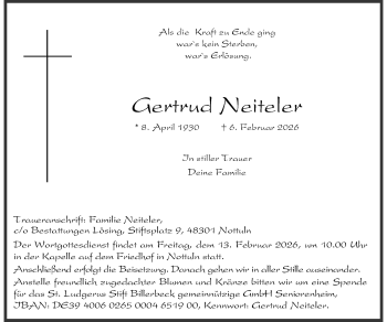 Todesanzeige von Gertrud Neiteler 