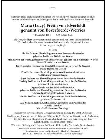 Todesanzeige von Maria Freiin von Elverfeldt genannt von Beverfoerde-Werries 