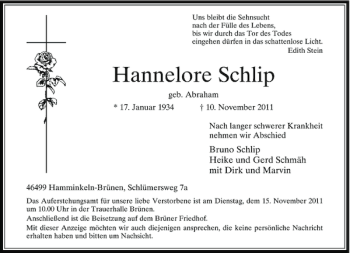 Todesanzeige von Hannelore Schlip von Rheinische Post