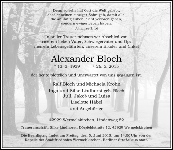 Todesanzeige von Alexander Bloch von Rheinische Post