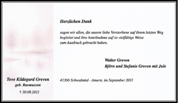 Todesanzeige von Tove Kildegard Greven von Rheinische Post