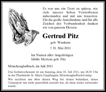Todesanzeige von Es war uns ein Trost zu spüren wie viele unserer lieben Verstorbenen nahestanden und mit uns trauerten. Für die große Anteilnahme und für alle Zeichen der Verbundenheit danken wir von ganzem Herzen. von Rheinische Post