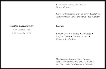 Todesanzeige von Günter Lettermann von Rheinische Post