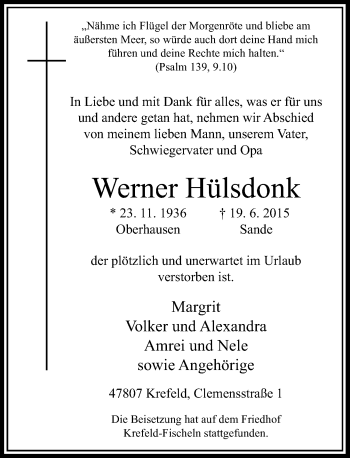 Todesanzeige von Werner Hülsdonk von Rheinische Post