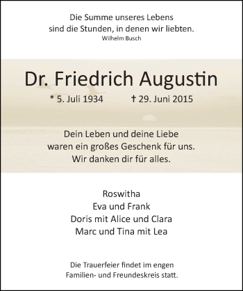 Todesanzeige von Friedrich Augustin von Rheinische Post
