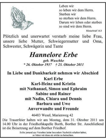 Todesanzeige von Hannelore Erbe von Rheinische Post