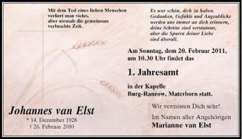 Todesanzeige von in der Kapelle Burg-Ranzow Materborn statt. Wir vermissen Dich sehr Im Namen aller Angehörigen Marianne van Elst von Rheinische Post