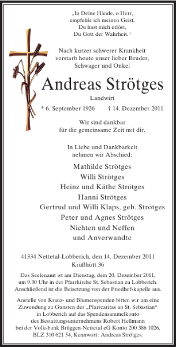 Todesanzeige von Andreas Strötges von Rheinische Post