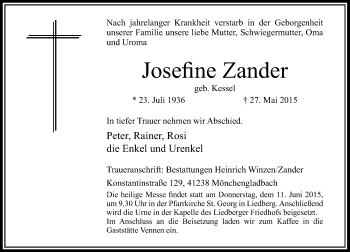 Todesanzeige von Josefine Zander von Rheinische Post