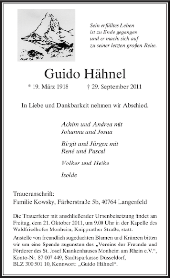 Todesanzeige von Guido Hähnel von Rheinische Post