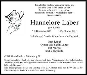Todesanzeige von Hannelore Laber von Rheinische Post