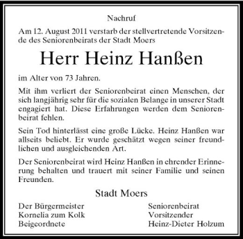 Todesanzeige von Nachruf Nachruf Am 12. August 2011 verstarb der stellvertretende Vorsitzende des Seniorenbeirats der Stadt Moers von Rheinische Post