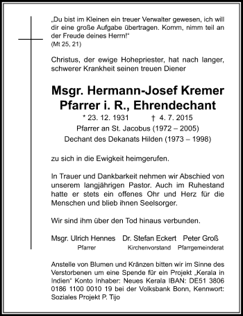 Todesanzeige von Hermann-Josef Kremer von Rheinische Post