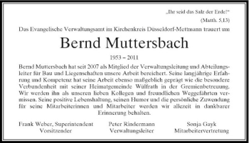 Todesanzeige von 'Ihr seid das Salz der Erde ' (Matth. 5 13) Das Evangelische Verwaltungsamt im Kirchenkreis Düsseldorf-Mettmann trauert um von Rheinische Post