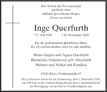 Todesanzeige von Inge Querfurth von Rheinische Post