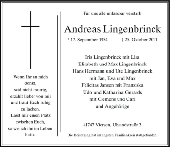 Todesanzeige von Lingenbrinck Andreas von Rheinische Post